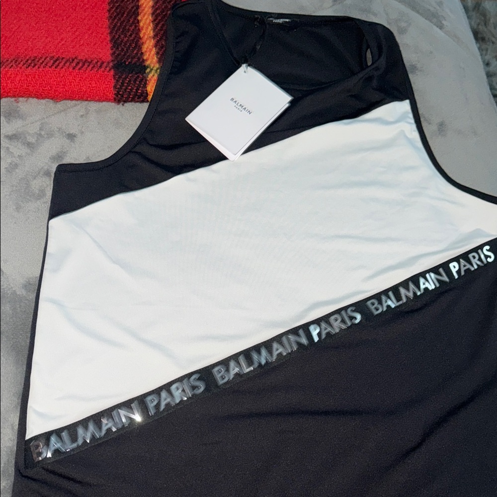 NWT Balmain Paris tank top black n white pristine condition ATA 17” 26”Long